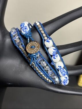 Victoria Emerson Blue Leather Floral Ceramic Bead Wrap Bracelet Boho